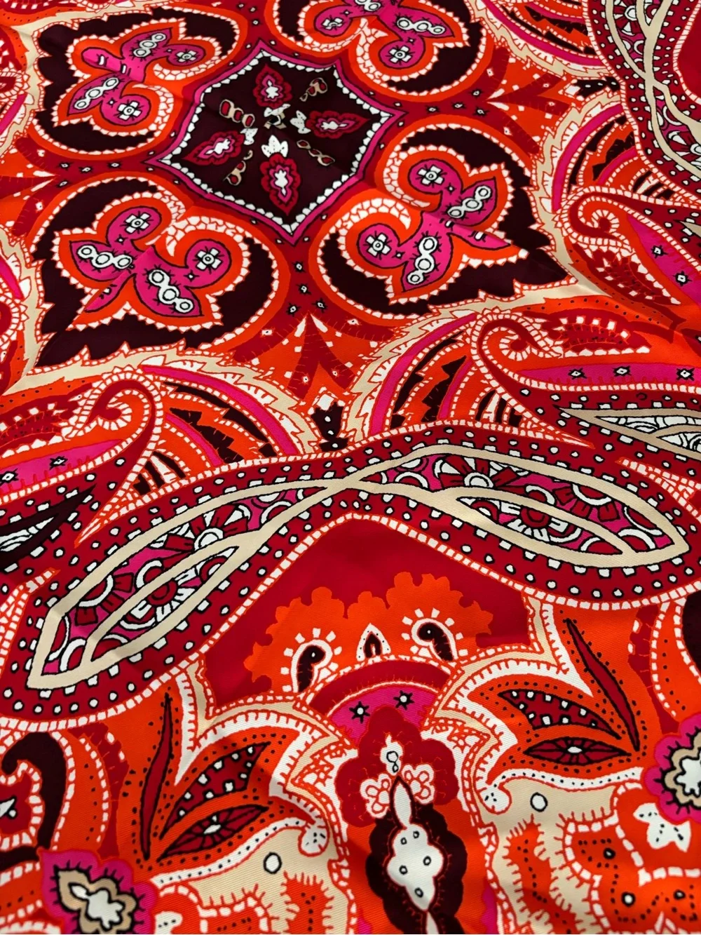 Chico's Red Paisley 100% Silk Square Scarf with Cream Border